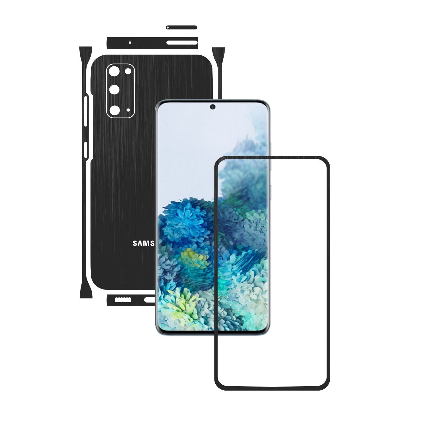 Folie Protectie Carbon Skinz pentru Samsung Galaxy S20, 5G - Brushed Negru Split Cut, Skin Adeziv Full Body Cover pentru Rama Ecran, Carcasa Spate si Laterale