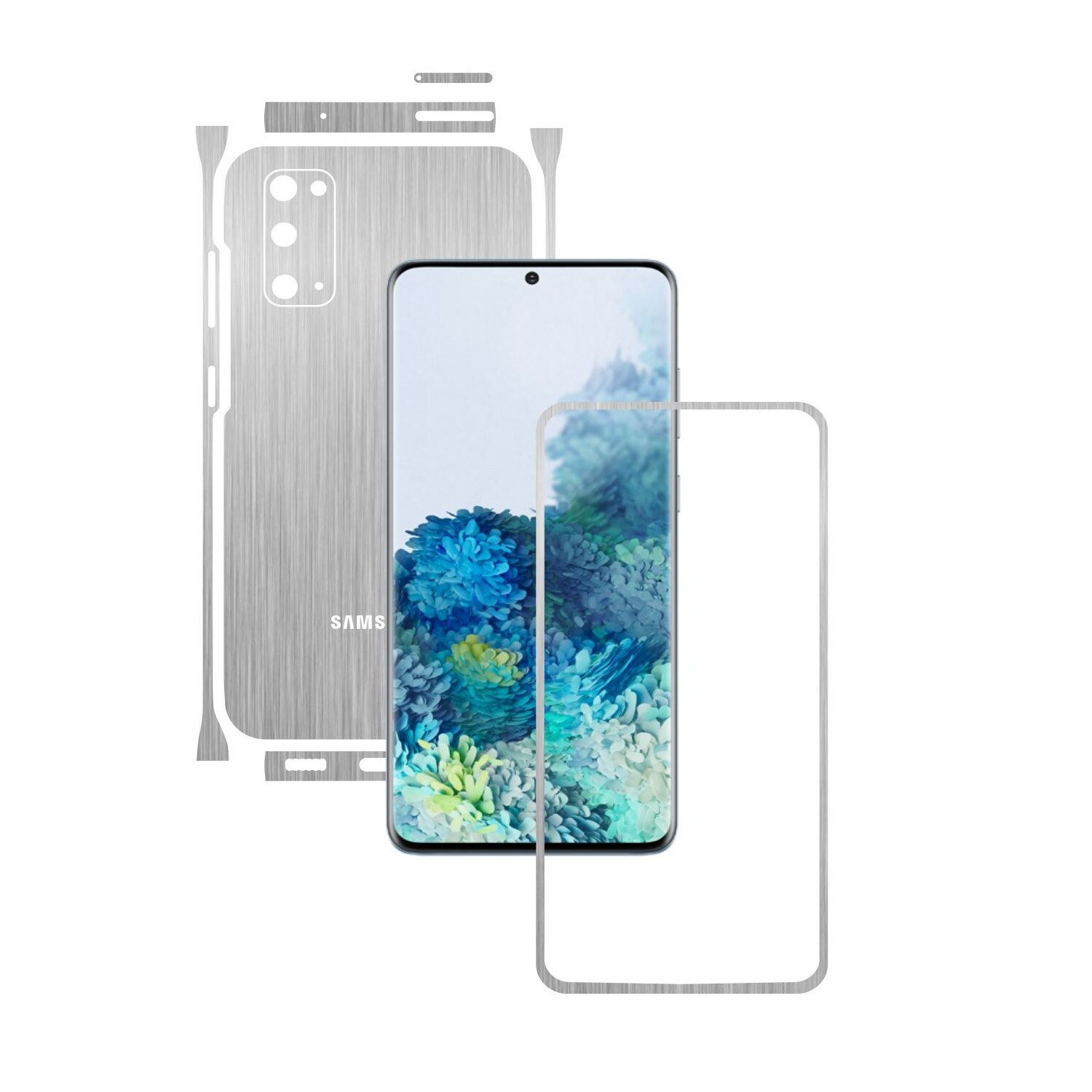 Folie Protectie Carbon Skinz pentru Samsung Galaxy S20, 5G - Brushed Argintiu Split Cut, Skin Adeziv Full Body Cover pentru Rama Ecran, Carcasa Spate si Laterale