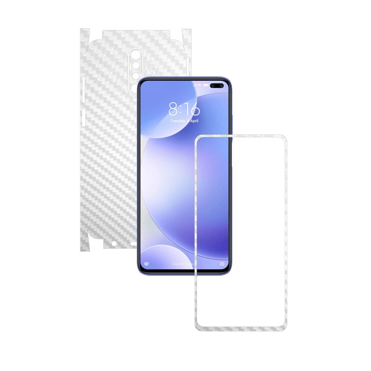 Folie Protectie Carbon Skinz pentru Xiaomi Poco X2 - Carbon Alb 360 Cut, Skin Adeziv Full Body Cover pentru Rama Ecran, Carcasa Spate si Laterale