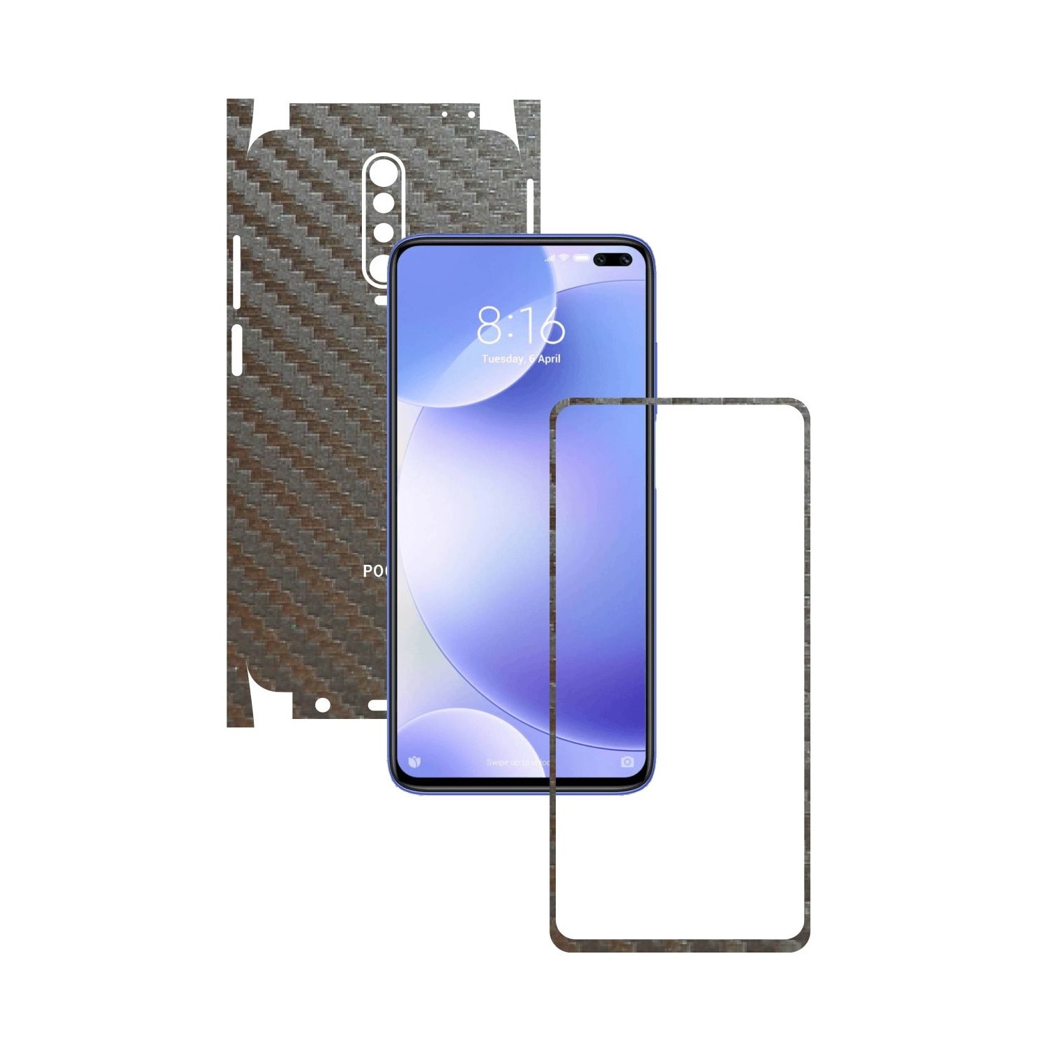 Folie Protectie Carbon Skinz pentru Xiaomi Poco X2 - Carbon Gri Argintiu 360 Cut, Skin Adeziv Full Body Cover pentru Rama Ecran, Carcasa Spate si Laterale