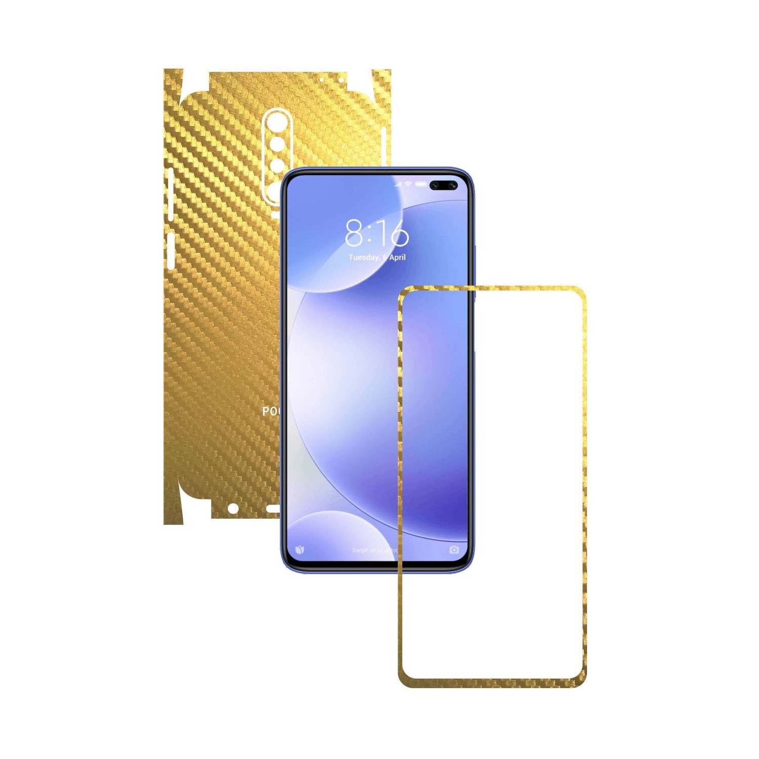 Folie Protectie Carbon Skinz pentru Xiaomi Poco X2 - Carbon Auriu 360 Cut, Skin Adeziv Full Body Cover pentru Rama Ecran, Carcasa Spate si Laterale