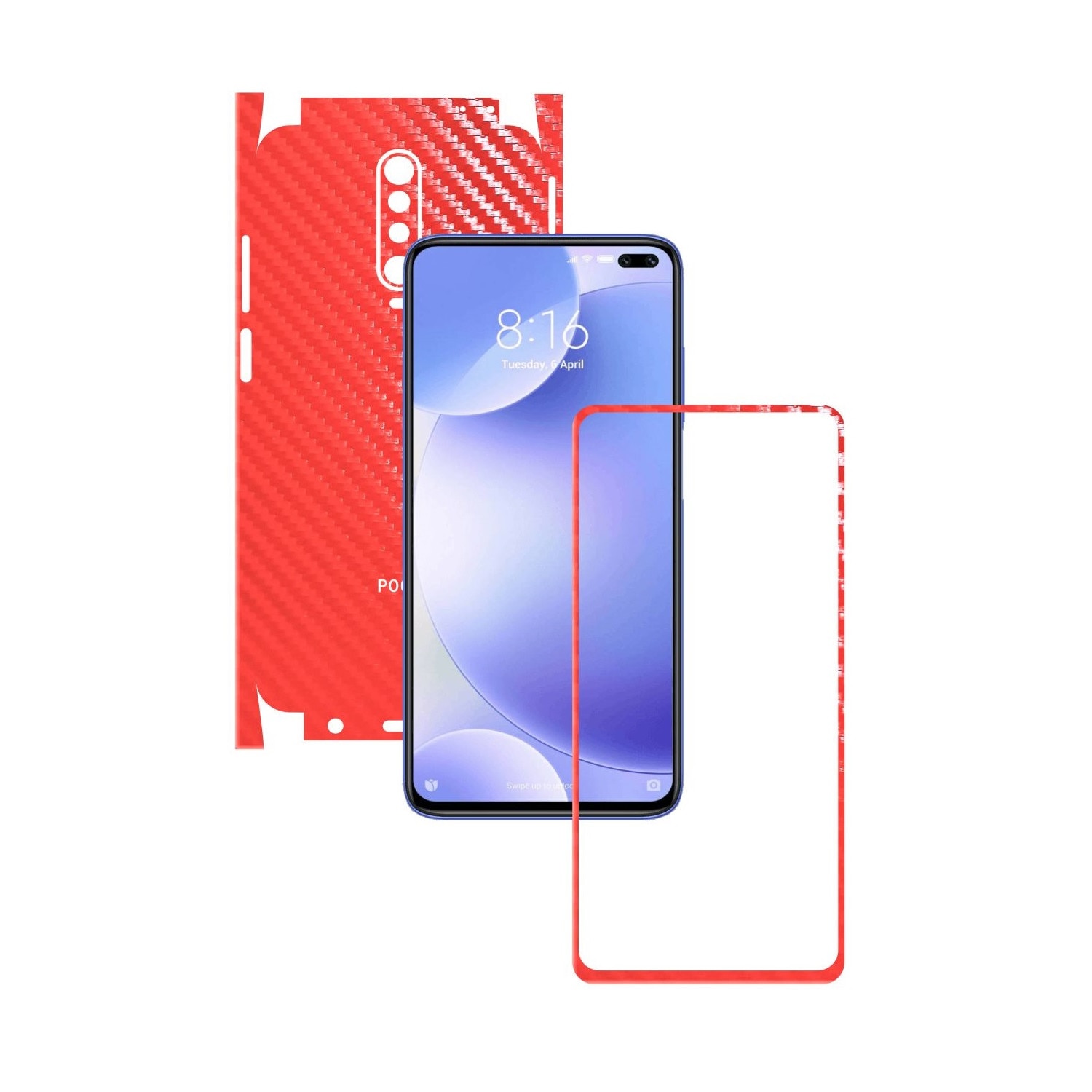 Folie Protectie Carbon Skinz pentru Xiaomi Poco X2 - Carbon Rosu 360 Cut, Skin Adeziv Full Body Cover pentru Rama Ecran, Carcasa Spate si Laterale