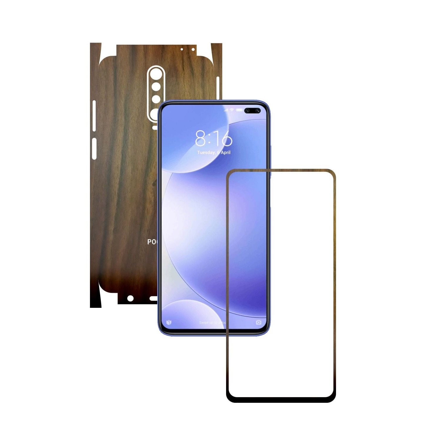 Folie Protectie Carbon Skinz pentru Xiaomi Poco X2 - Lemn Nuc 360 Cut, Skin Adeziv Full Body Cover pentru Rama Ecran, Carcasa Spate si Laterale