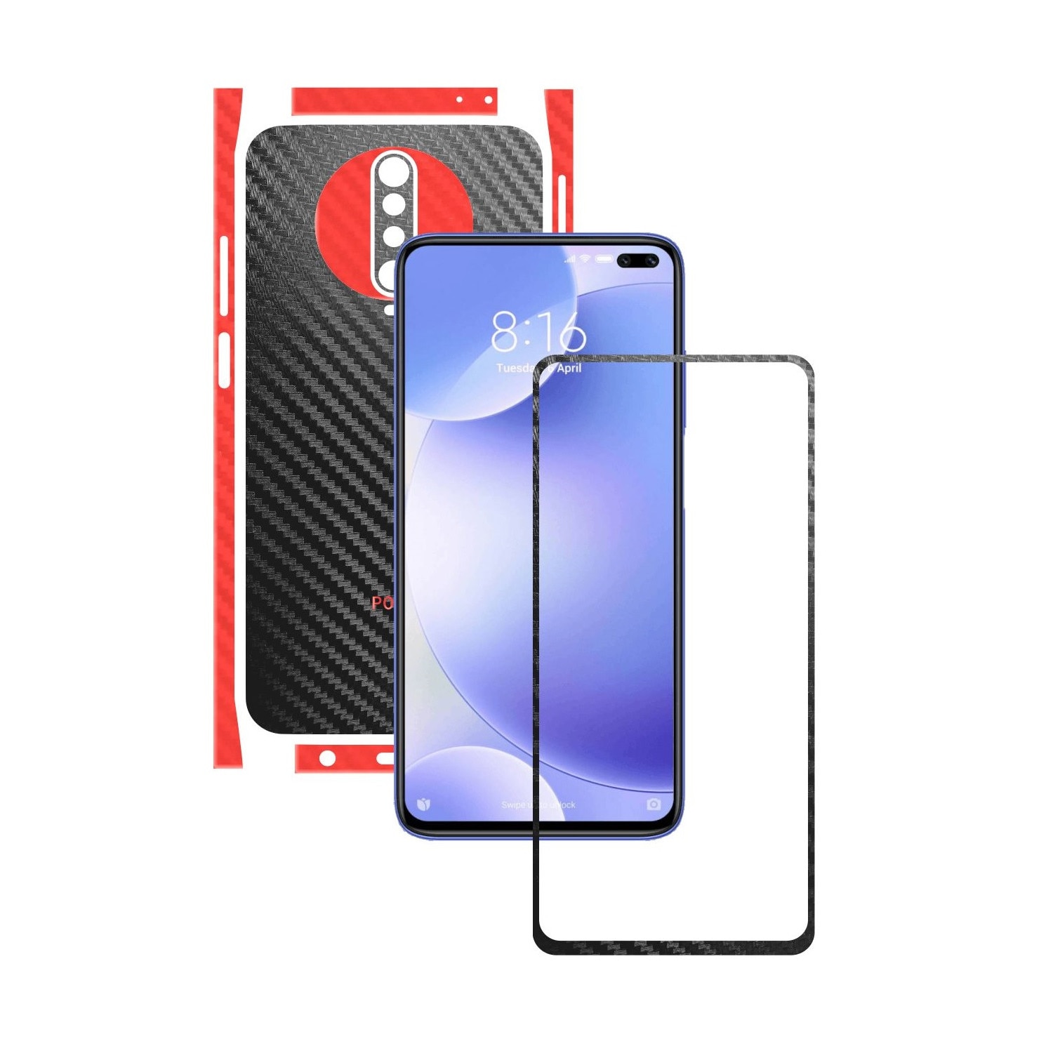 Folie Protectie Carbon Skinz pentru Xiaomi Poco X2 - Carbon Two Tone Negru / Rosu, Skin Adeziv Full Body Cover pentru Rama Ecran, Carcasa Spate si Laterale