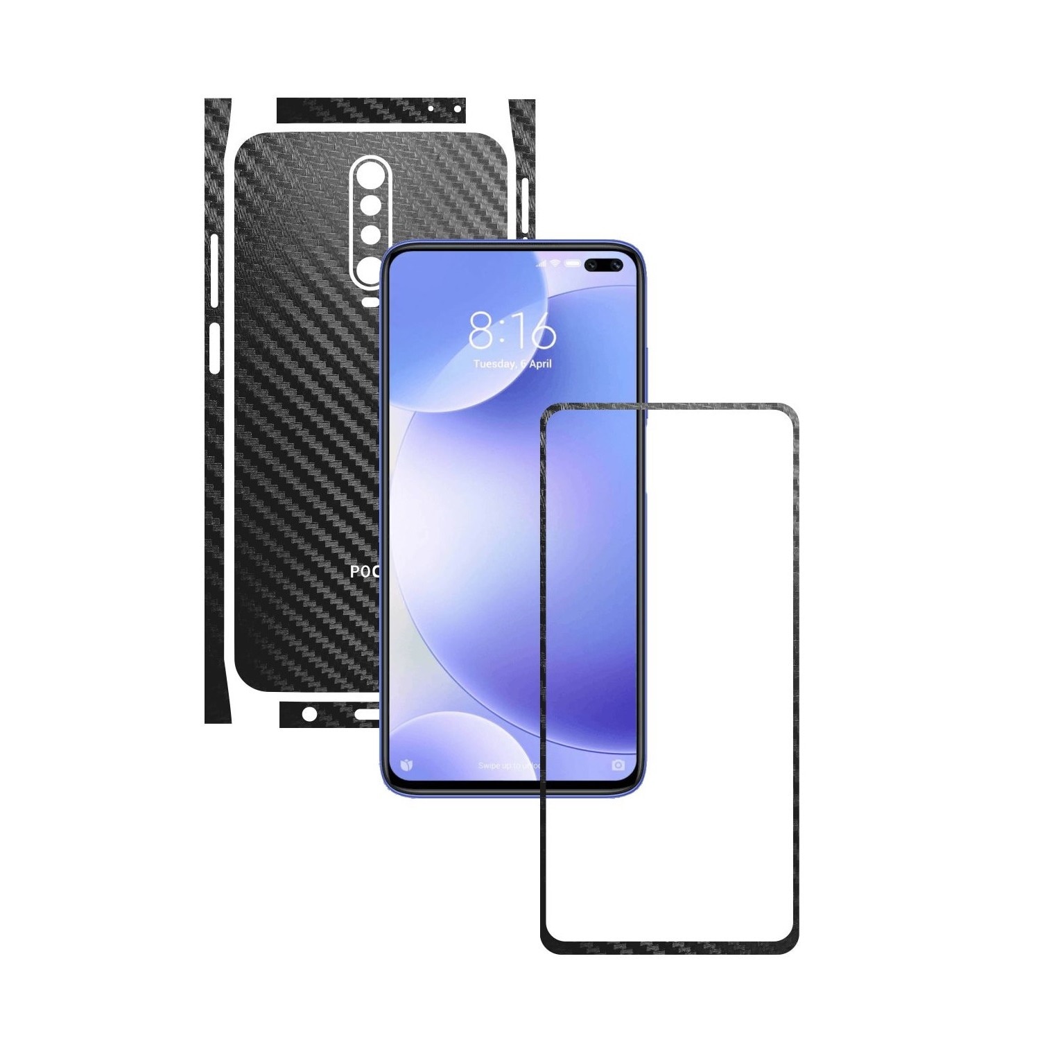 Folie Protectie Carbon Skinz pentru Xiaomi Poco X2 - Carbon Negru Split Cut, Skin Adeziv Full Body Cover pentru Rama Ecran, Carcasa Spate si Laterale