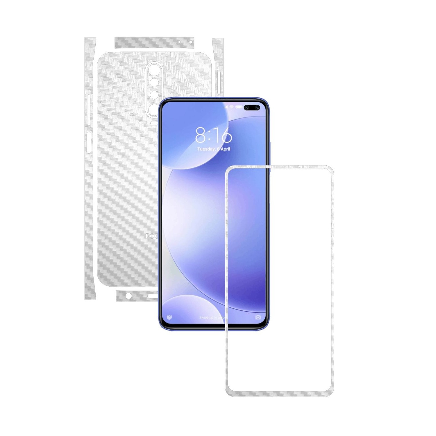 Folie Protectie Carbon Skinz pentru Xiaomi Poco X2 - Carbon Alb Split Cut, Skin Adeziv Full Body Cover pentru Rama Ecran, Carcasa Spate si Laterale