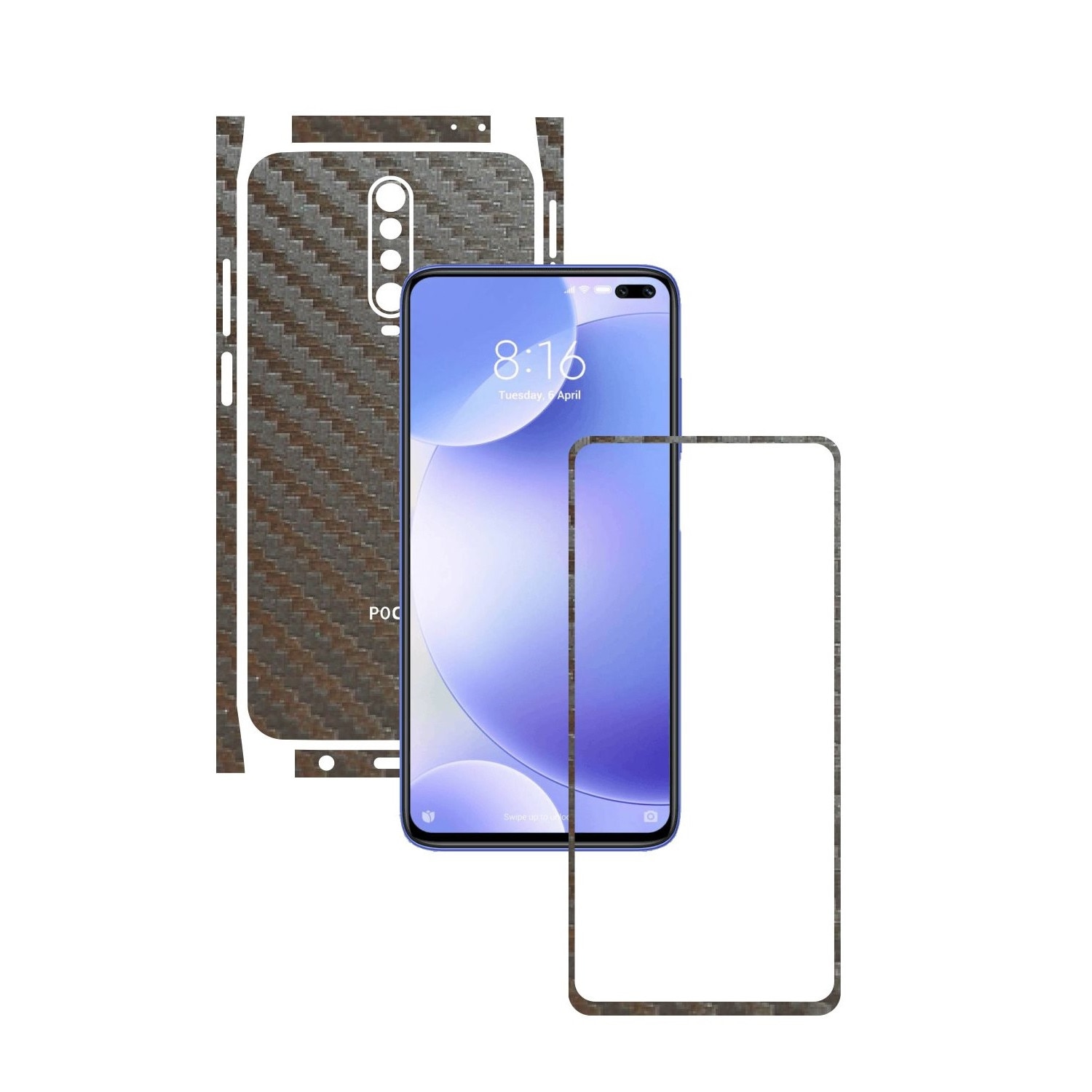 Folie Protectie Carbon Skinz pentru Xiaomi Poco X2 - Carbon Gri Argintiu Split Cut, Skin Adeziv Full Body Cover pentru Rama Ecran, Carcasa Spate si Laterale