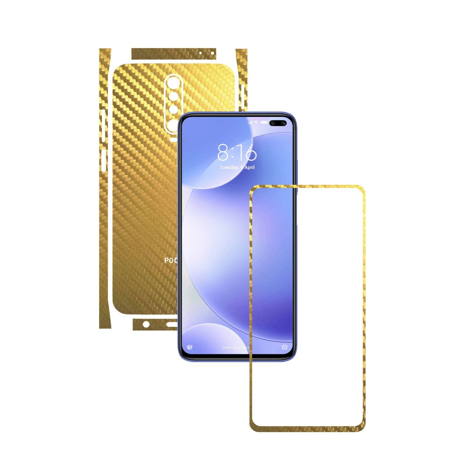 Folie Protectie Carbon Skinz pentru Xiaomi Poco X2 - Carbon Auriu Split Cut, Skin Adeziv Full Body Cover pentru Rama Ecran, Carcasa Spate si Laterale