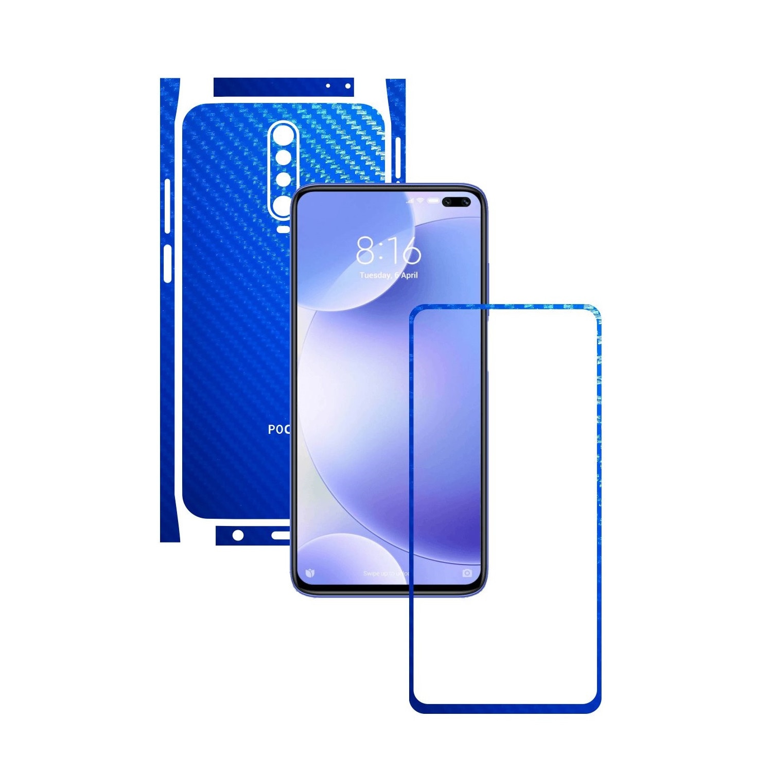 Folie Protectie Carbon Skinz pentru Xiaomi Poco X2 - Carbon Albastru Split Cut, Skin Adeziv Full Body Cover pentru Rama Ecran, Carcasa Spate si Laterale