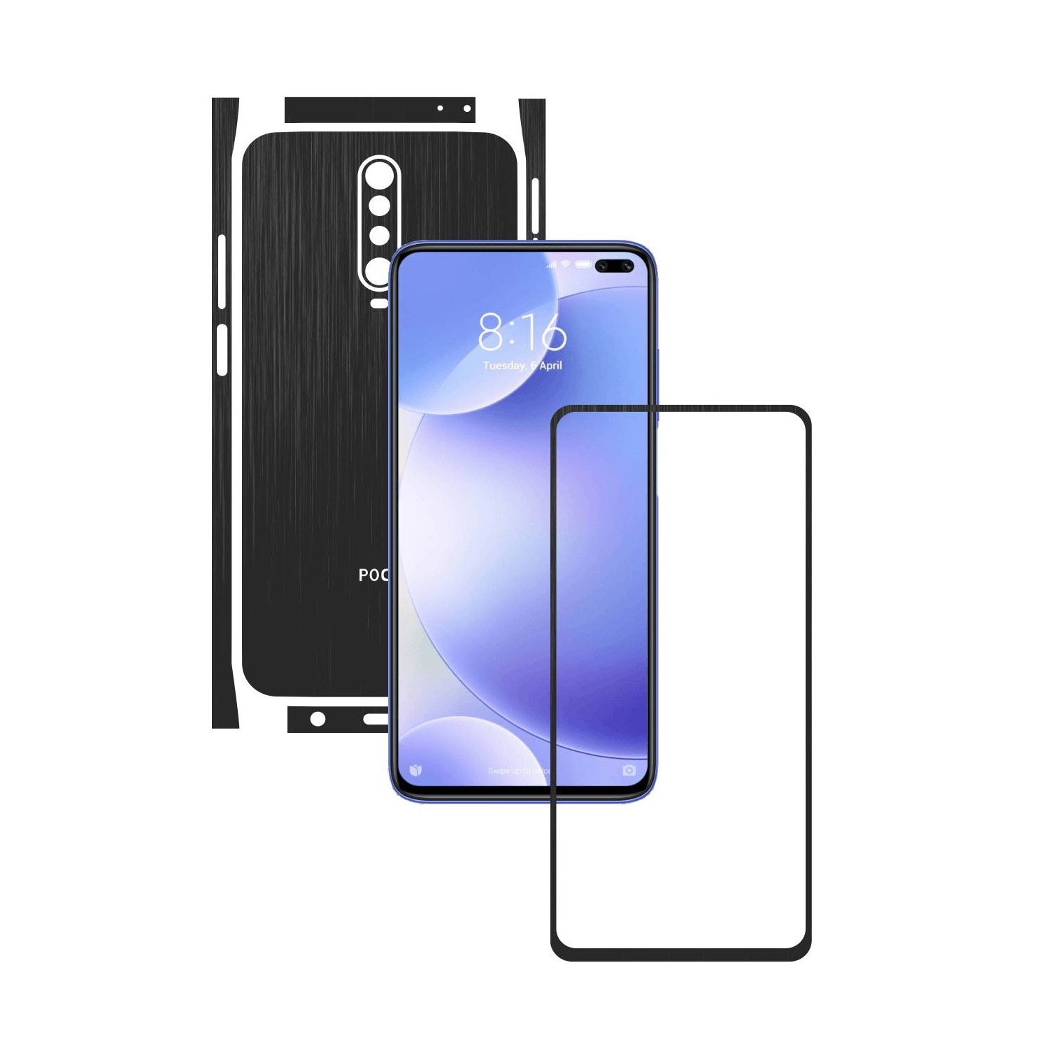 Folie Protectie Carbon Skinz pentru Xiaomi Poco X2 - Brushed Negru Split Cut, Skin Adeziv Full Body Cover pentru Rama Ecran, Carcasa Spate si Laterale