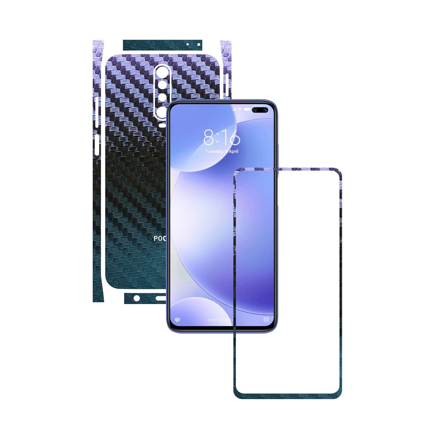 Folie Protectie Carbon Skinz pentru Xiaomi Poco X2 - Carbon Cameleon Split Cut, Skin Adeziv Full Body Cover pentru Rama Ecran, Carcasa Spate si Laterale