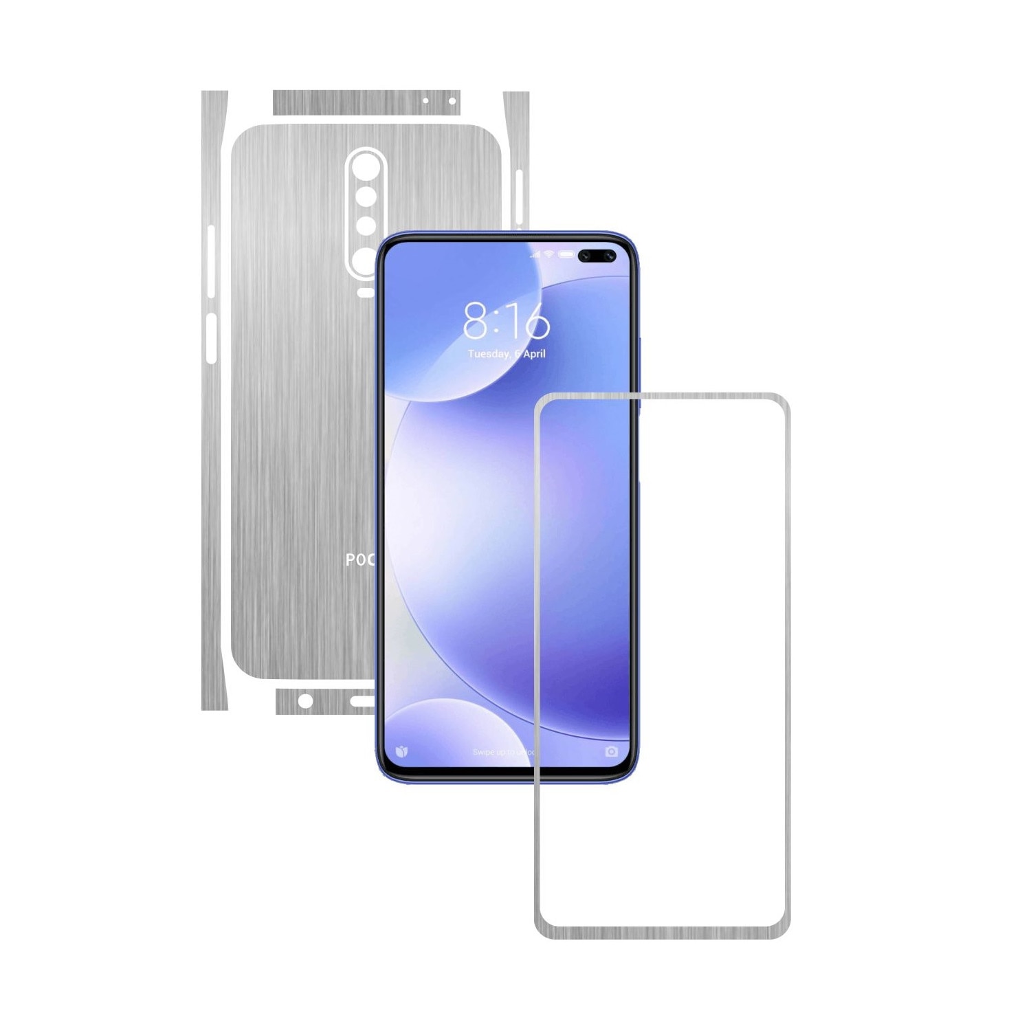 Folie Protectie Carbon Skinz pentru Xiaomi Poco X2 - Brushed Argintiu Split Cut, Skin Adeziv Full Body Cover pentru Rama Ecran, Carcasa Spate si Laterale