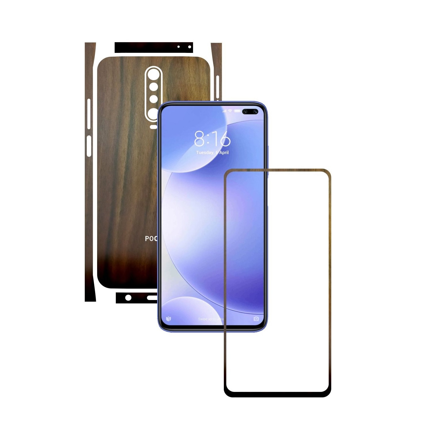 Folie Protectie Carbon Skinz pentru Xiaomi Poco X2 - Lemn Nuc Split Cut, Skin Adeziv Full Body Cover pentru Rama Ecran, Carcasa Spate si Laterale