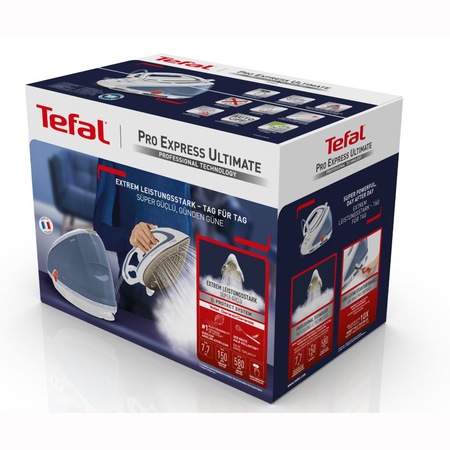 Statie de calcat cu boiler de înalta presiune TEFAL Pro Express Ultimate GV9565E0, 2600W, 7.7 bari, 580g/min, Durilium Airglide Ultra Thin, colector anticalcar, recipient apa detasabil, negru&argintiu