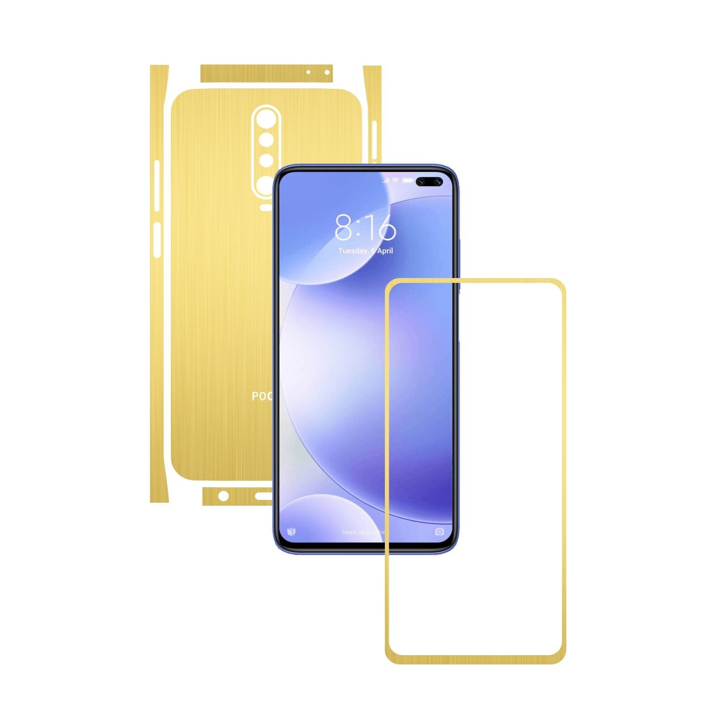 Folie Protectie Carbon Skinz pentru Xiaomi Poco X2 - Brushed Auriu Split Cut, Skin Adeziv Full Body Cover pentru Rama Ecran, Carcasa Spate si Laterale