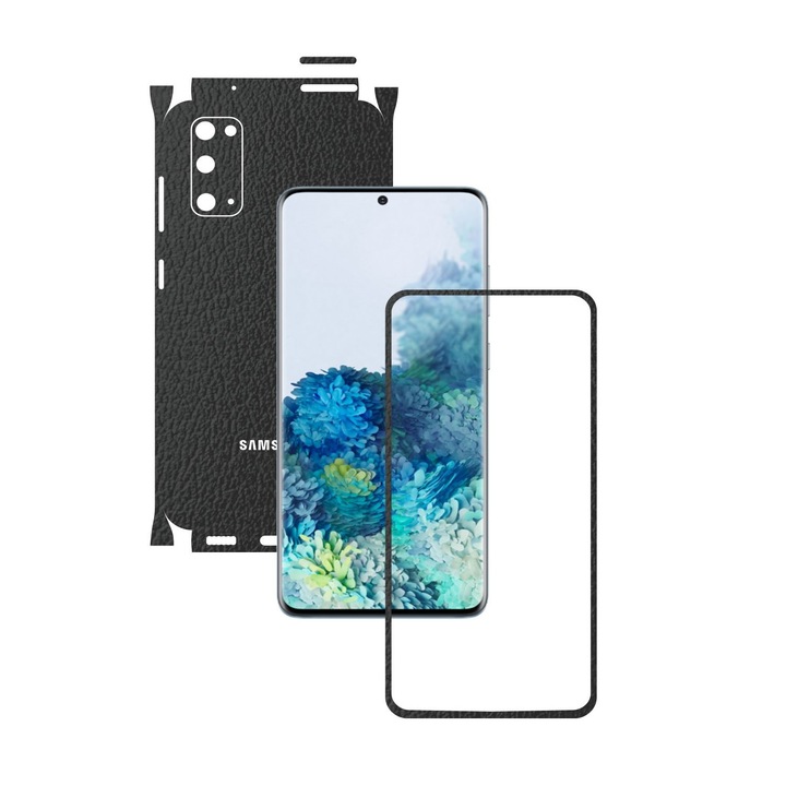 Folie Protectie Carbon Skinz pentru Samsung Galaxy S20, 5G - Piele Neagra 360 Cut, Skin Adeziv Full Body Cover pentru Rama Ecran, Carcasa Spate si Laterale