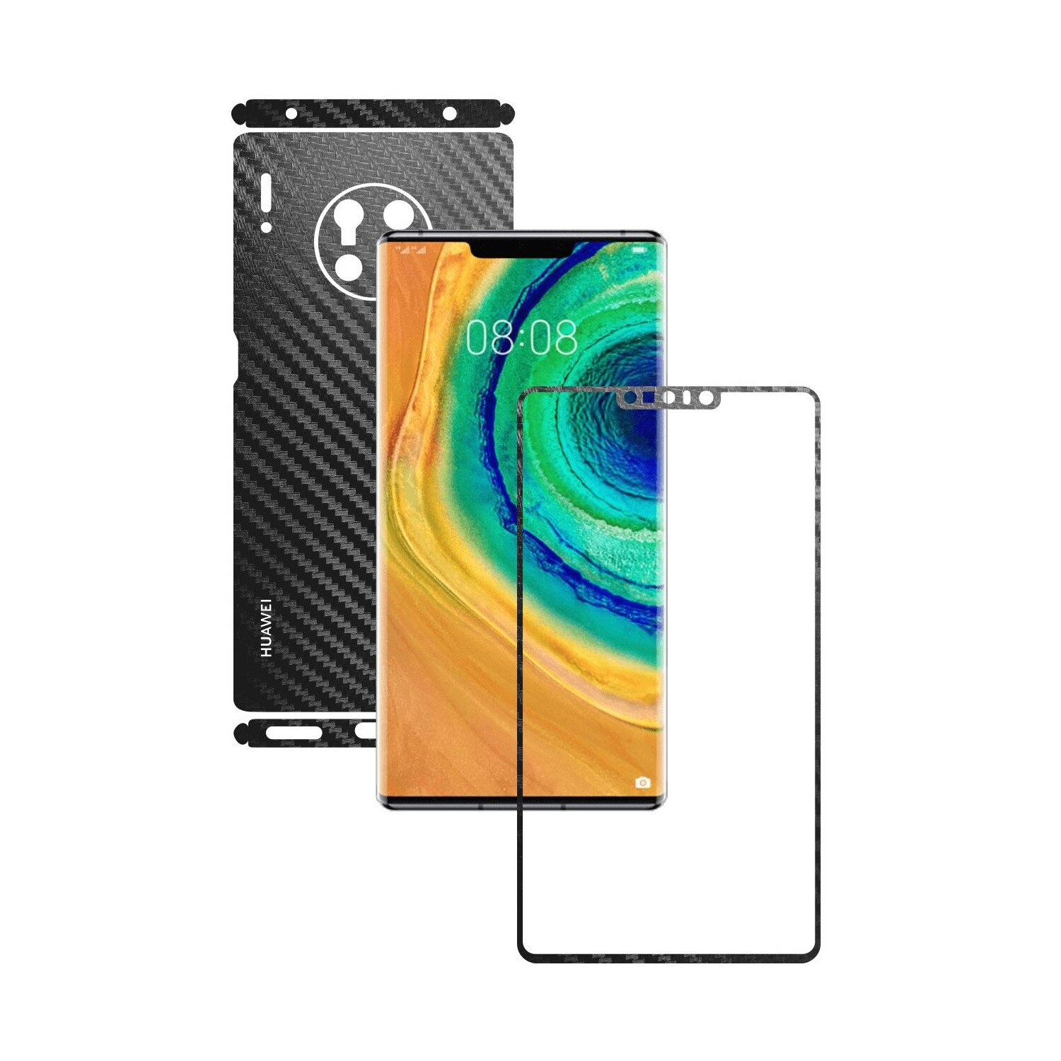 Folie Protectie Carbon Skinz pentru Huawei Mate 30 Pro - Carbon Negru Split Cut, Skin Adeziv Full Body Cover pentru Rama Ecran, Carcasa Spate si Laterale