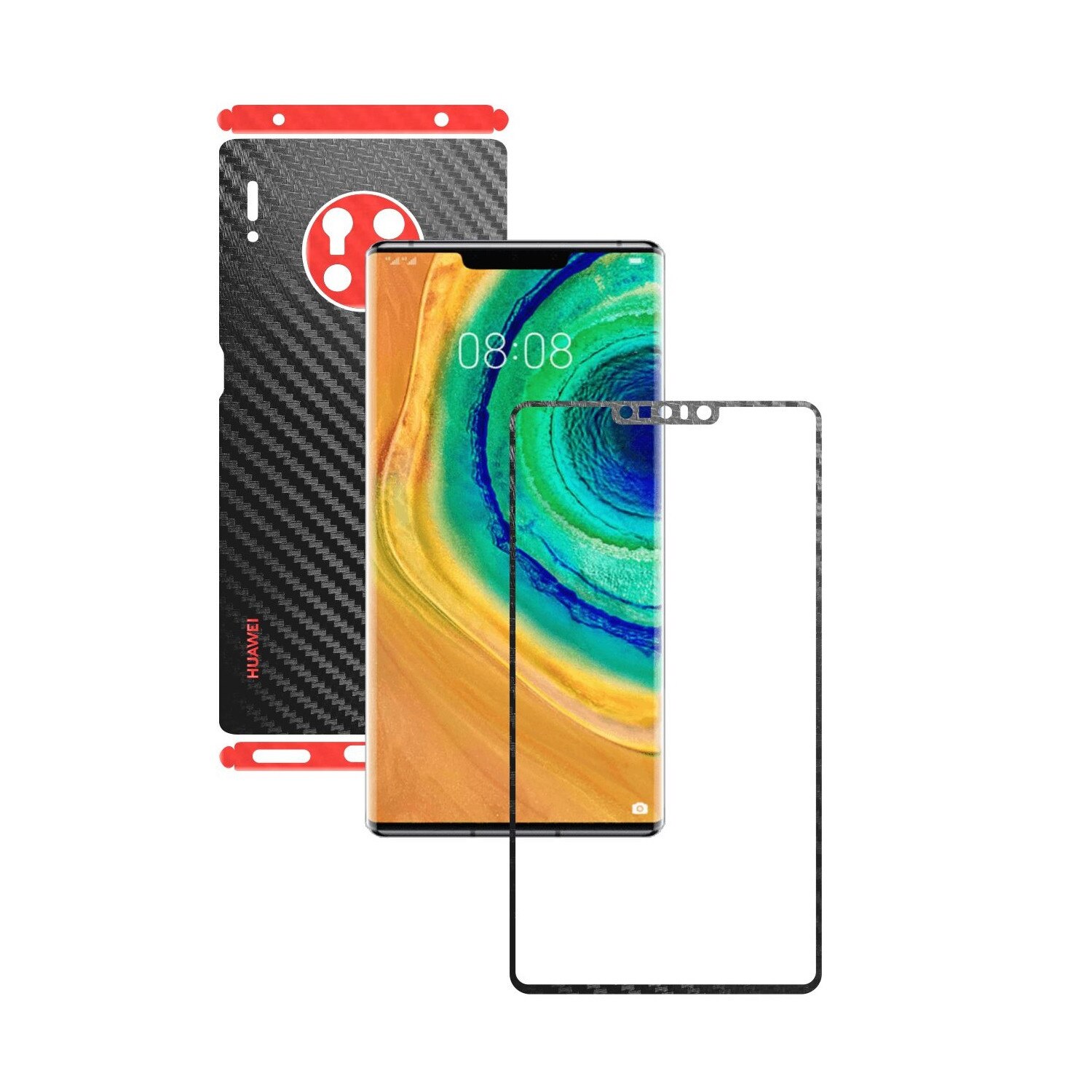 Folie Protectie Carbon Skinz pentru Huawei Mate 30 Pro - Carbon Two Tone Negru / Rosu, Skin Adeziv Full Body Cover pentru Rama Ecran, Carcasa Spate si Laterale