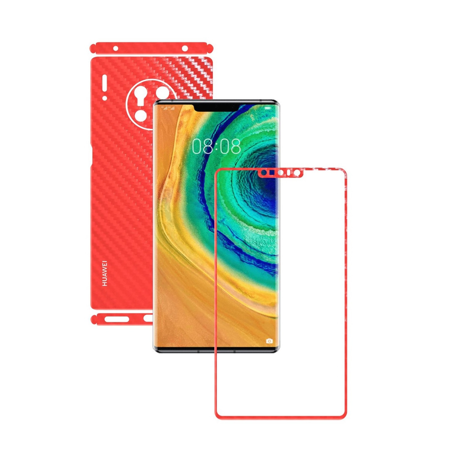 Folie Protectie Carbon Skinz pentru Huawei Mate 30 Pro - Carbon Rosu Split Cut, Skin Adeziv Full Body Cover pentru Rama Ecran, Carcasa Spate si Laterale