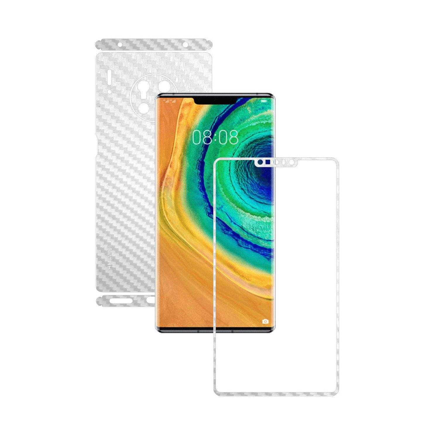 Folie Protectie Carbon Skinz pentru Huawei Mate 30 Pro - Carbon Alb Split Cut, Skin Adeziv Full Body Cover pentru Rama Ecran, Carcasa Spate si Laterale