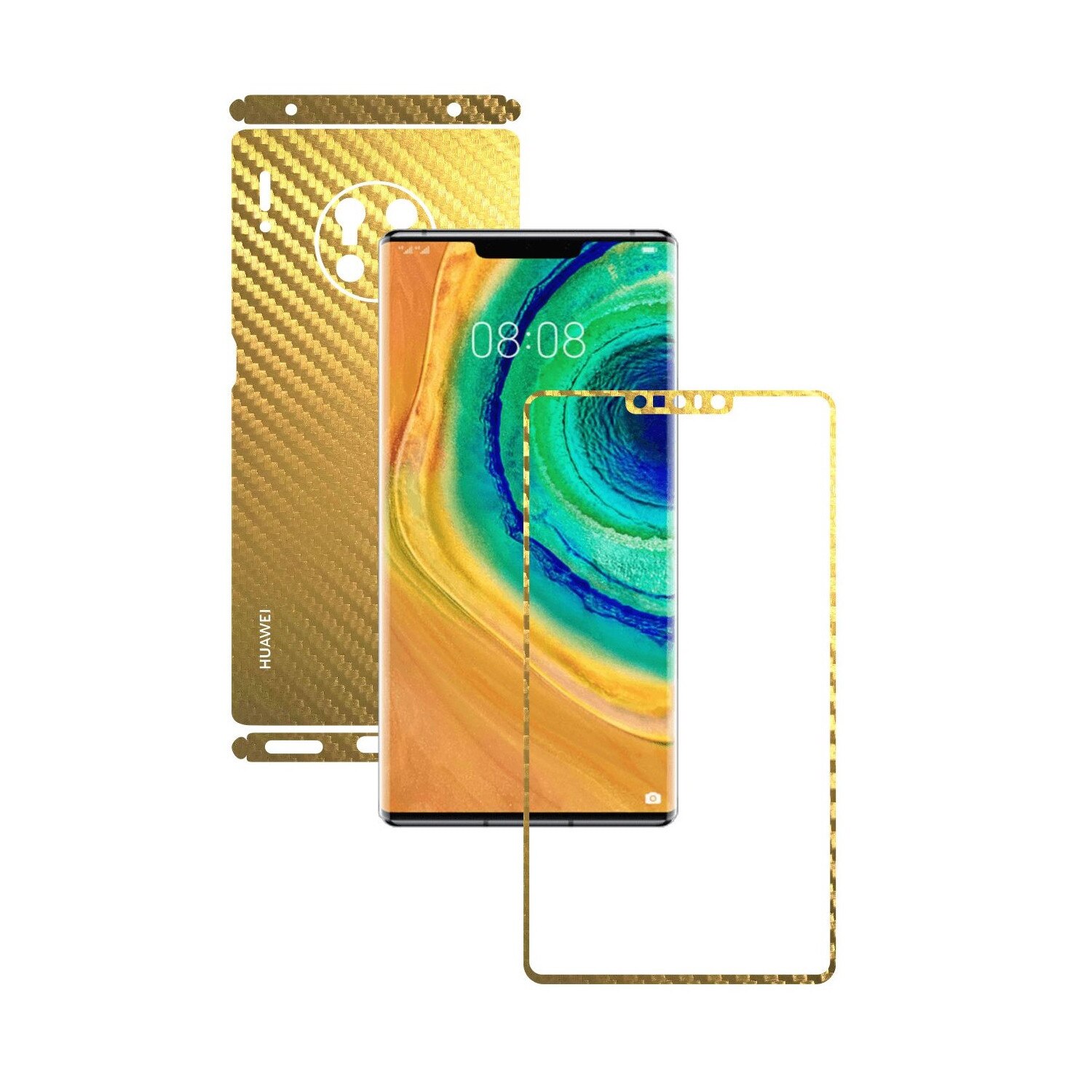 Folie Protectie Carbon Skinz pentru Huawei Mate 30 Pro - Carbon Auriu Split Cut, Skin Adeziv Full Body Cover pentru Rama Ecran, Carcasa Spate si Laterale