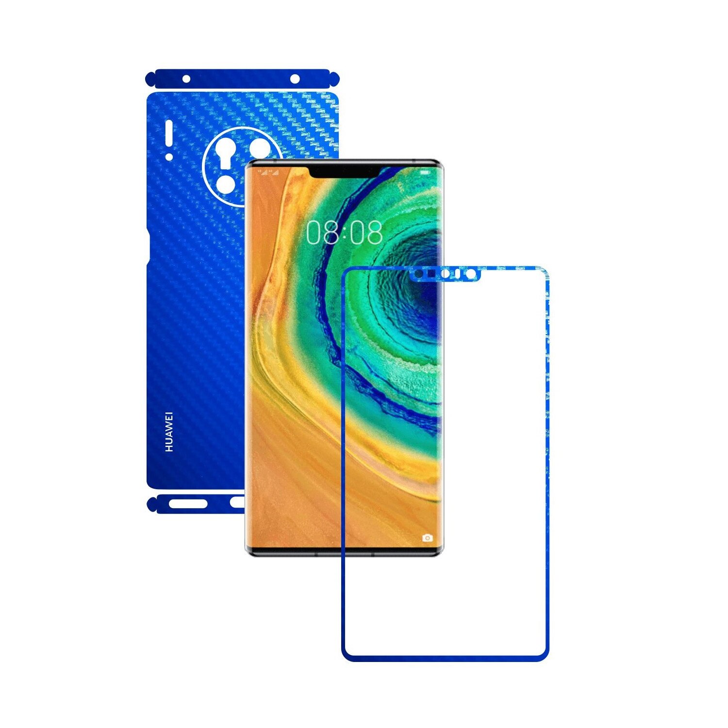 Folie Protectie Carbon Skinz pentru Huawei Mate 30 Pro - Carbon Albastru Split Cut, Skin Adeziv Full Body Cover pentru Rama Ecran, Carcasa Spate si Laterale