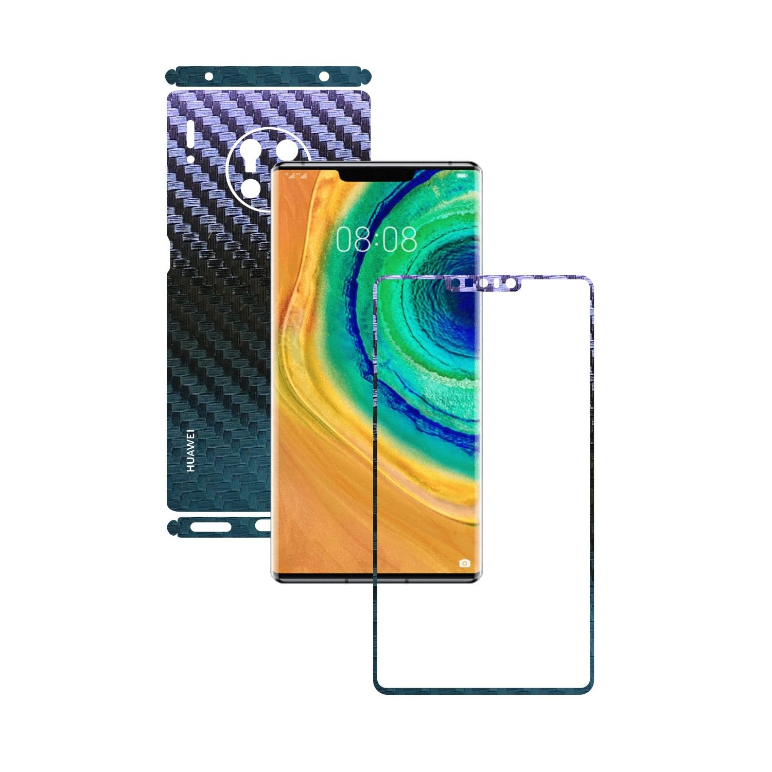 Folie Protectie Carbon Skinz pentru Huawei Mate 30 Pro - Carbon Cameleon Split Cut, Skin Adeziv Full Body Cover pentru Rama Ecran, Carcasa Spate si Laterale