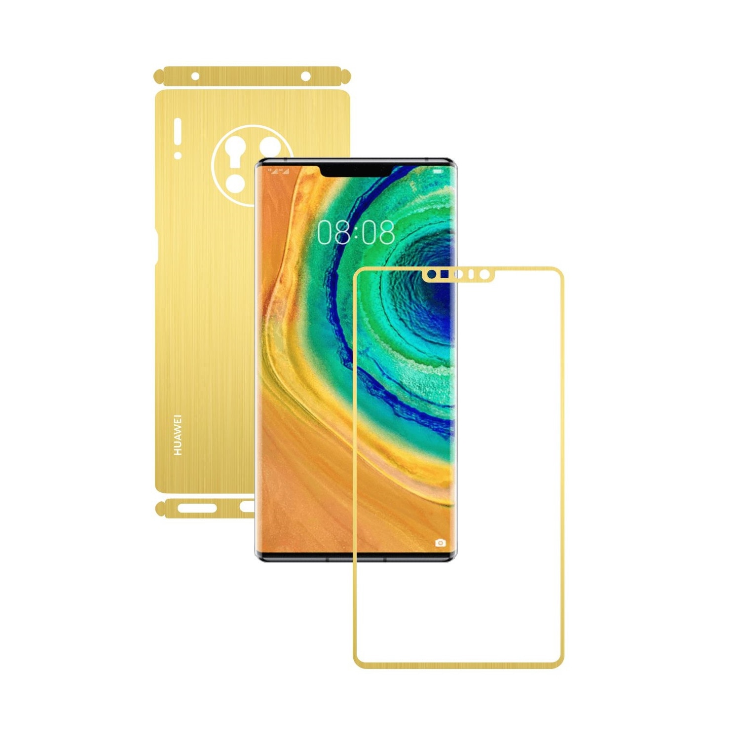 Folie Protectie Carbon Skinz pentru Huawei Mate 30 Pro - Brushed Auriu Split Cut, Skin Adeziv Full Body Cover pentru Rama Ecran, Carcasa Spate si Laterale