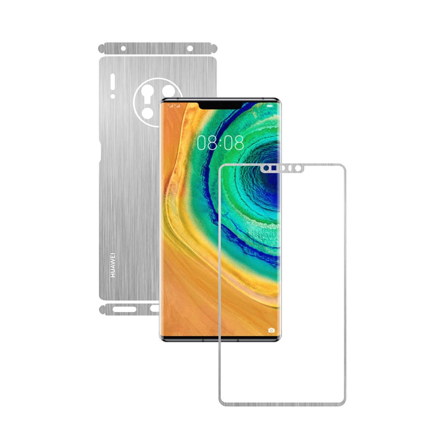 Folie Protectie Carbon Skinz pentru Huawei Mate 30 Pro - Brushed Argintiu Split Cut, Skin Adeziv Full Body Cover pentru Rama Ecran, Carcasa Spate si Laterale