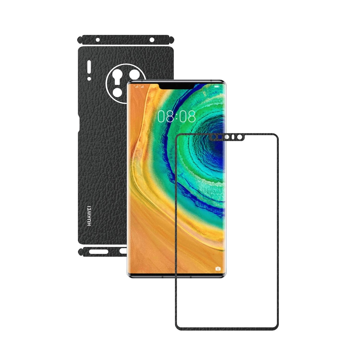 Folie Protectie Carbon Skinz pentru Huawei Mate 30 Pro - Piele Neagra Split Cut, Skin Adeziv Full Body Cover pentru Rama Ecran, Carcasa Spate si Laterale