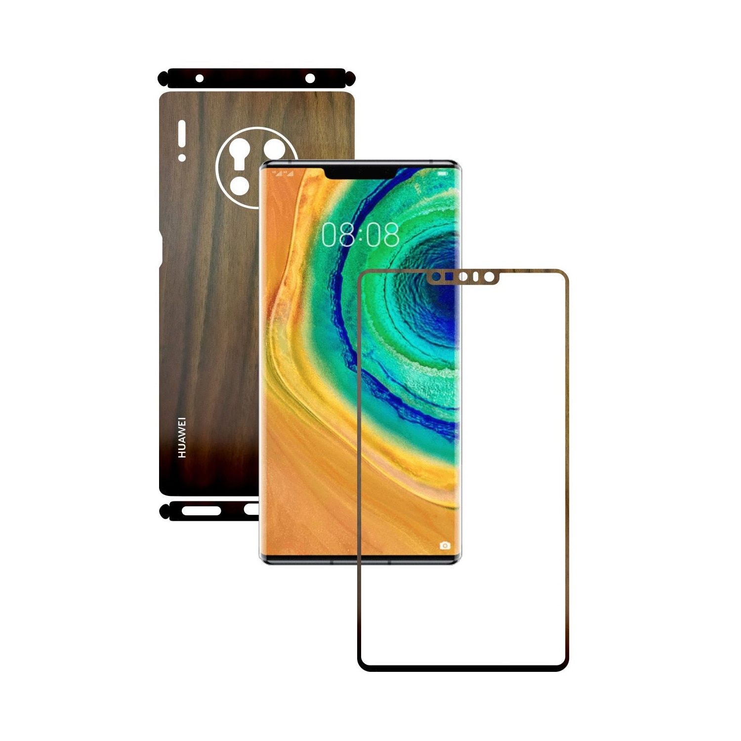 Folie Protectie Carbon Skinz pentru Huawei Mate 30 Pro - Lemn Nuc Split Cut, Skin Adeziv Full Body Cover pentru Rama Ecran, Carcasa Spate si Laterale