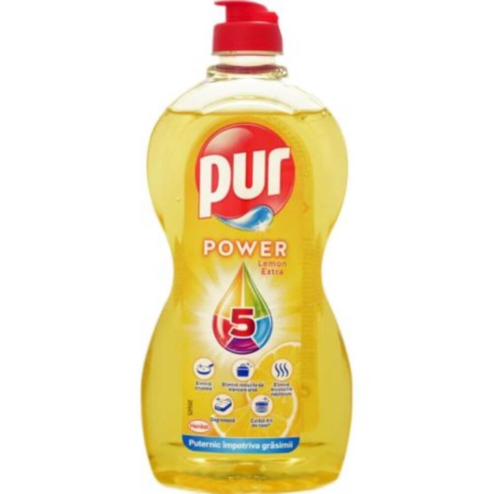 Detergent Lichid PUR Power 5 Lemon, Cantitate 450 ml, Parfum de Lamaie, Pur pentru Vase, Solutii Curatat Vasele
