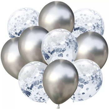 Set 10 baloane cu confetti, culoare argintiu, 30 cm, It's Party Time Set 10 baloane cu confetti, culoare argintiu, 30 cm, It's Party Time