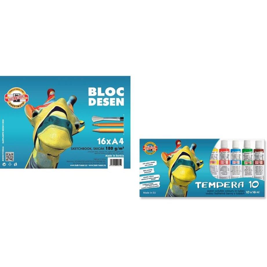 Set 1 Bloc desen A4,16file,180g + 1 Tempera 10 culori, Koh- i-Noor