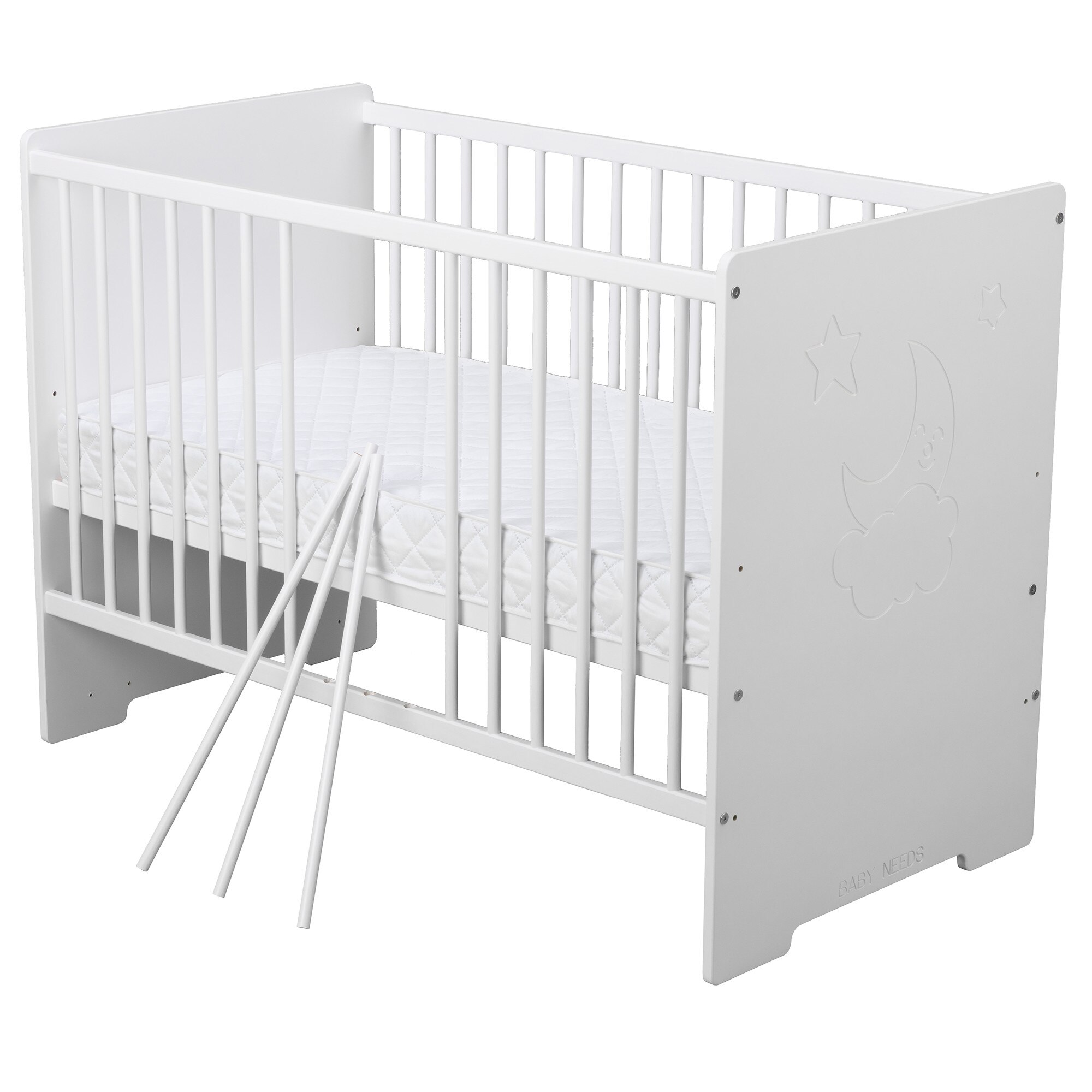 Patut din lemn BabyNeeds, Skandy Moon, 120x60 cm, Alb + Saltea 12 cm