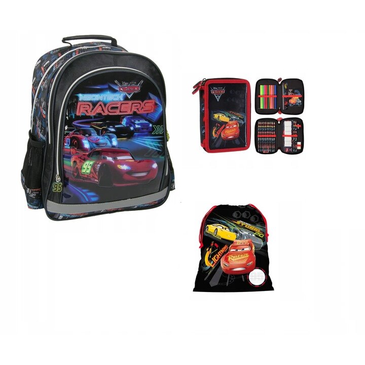 Set rucsac scoala, Cars, sac pentru pantofi, panar, multicolor