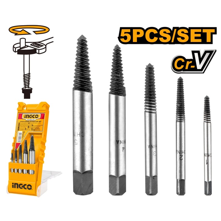 Extractor suruburi rupte 5 piese, Ingco