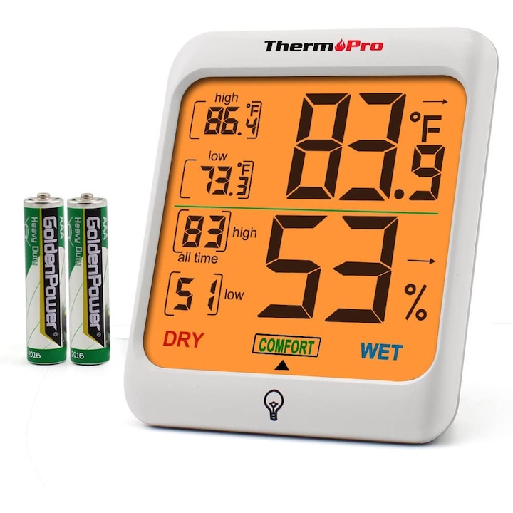 Termometru si higrometru de camera ThermoPro TP-53 Pro, ecran 3 inch, lumina, touch, indicator comfort, citire 10s, 3 tipuri de montare, gama profesionala, alb