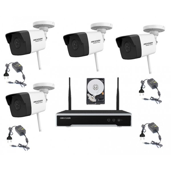 Sistem supraveghere wireless 4 camere IP 2MP Hikvision, NVR 4 canale si HDD
