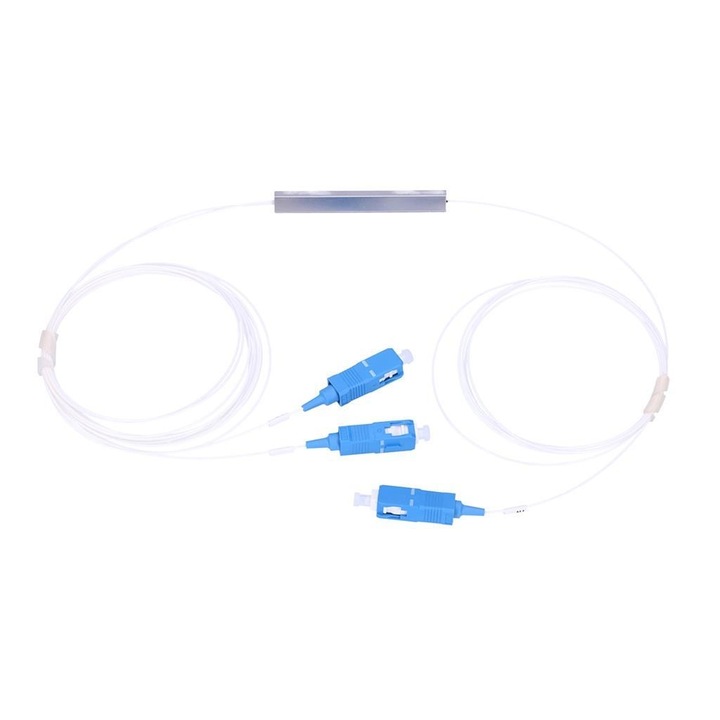 Splitter optic Extralink 1:2 PLC SC/UPC, fibra 900 µm, lungime cablu 1,5 m, distributie semnal stabil pentru retele FTTH si telecomunicatii, conectori SC/UPC, ideal pentru instalatii profesionale de fibra optica