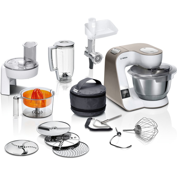 Кухненски робот Bosch MUM5xW40, 1000W, 7 скорости + Pulse, 3D PlanetaryMixing, 3,9 л купа, Бял/Кафяв