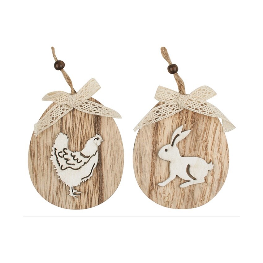 Set 2 oua din lemn, cu dantela si figurine lemn gravate, 11 cm