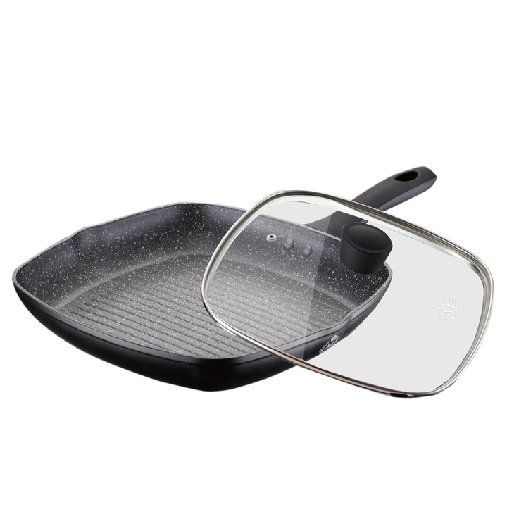 Tigaie grill cu capac, diametru 28 cm, interior granit, Negru