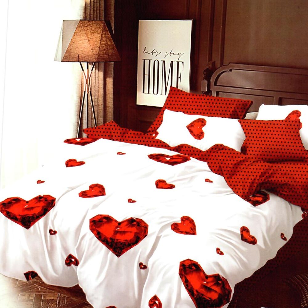 Set Lenjerie Finet Satinat, 6 Piese, Pat 2 Persoane, Diamond Hearts
