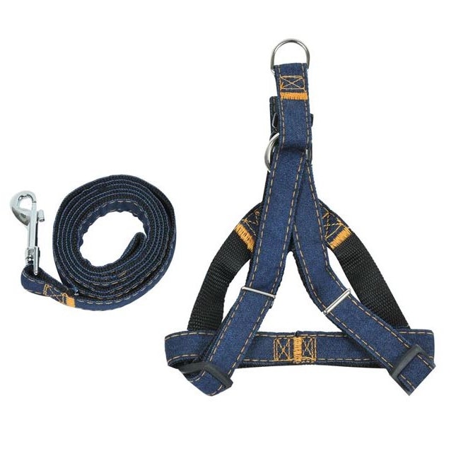 Set ham si lesa pentru caini Felis, Denim, Ajustabile, 50-75/120 cm, Bleumarin