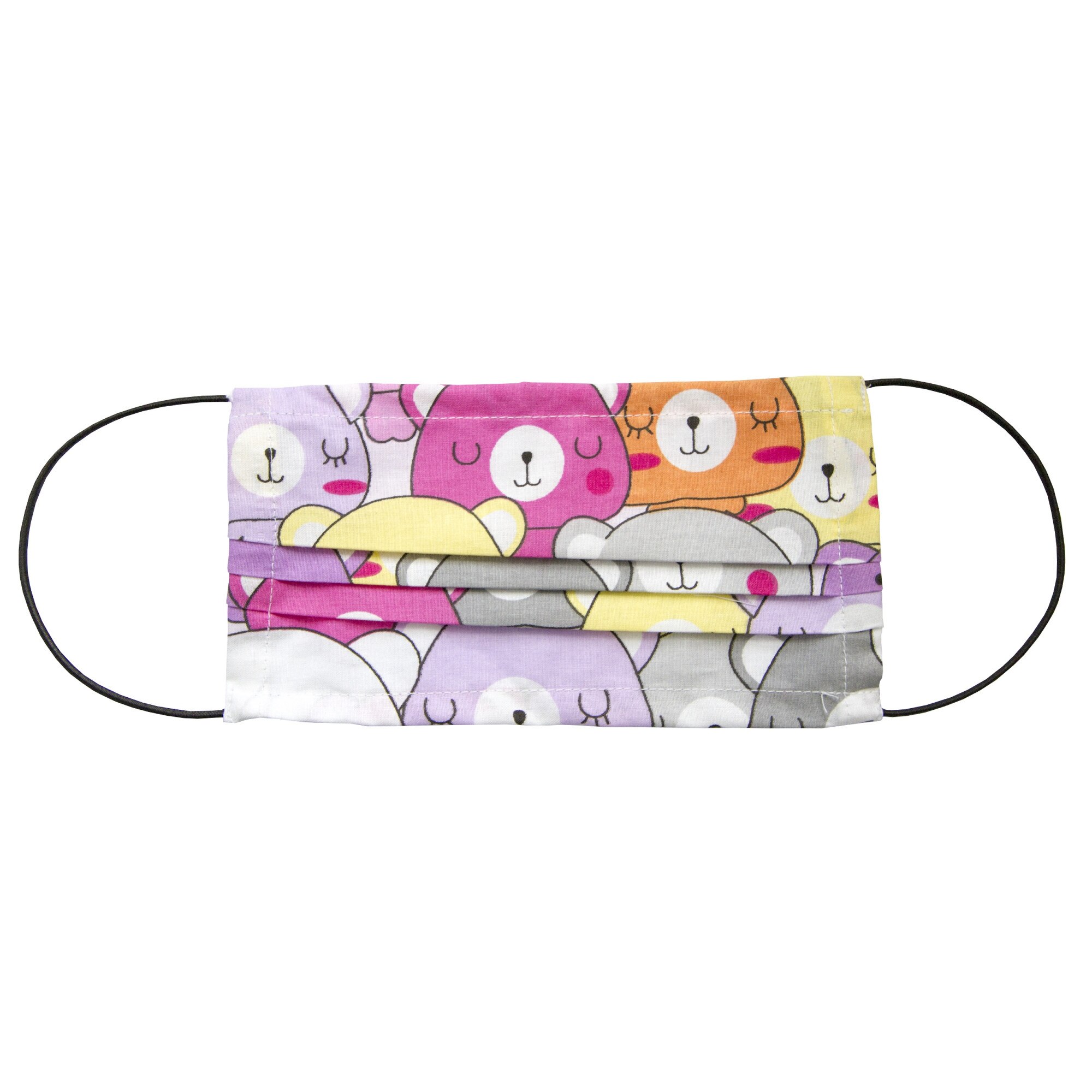 Masca refolosibila din bumbac 3 pliuri cu elastic, ursi roz