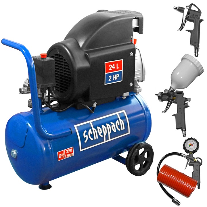Set compresor Profesional, Scheppach HC26, presiune 8 bar, rezervor 24l, Pro Kit cu 4 accesorii pentru compresoare