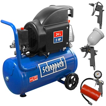 Set compresor Profesional, Scheppach HC26, presiune 8 bar, rezervor 24l, Pro Kit cu 4 accesorii pentru compresoare Set compresor Profesional, Scheppach HC26, presiune 8 bar, rezervor 24l, Pro Kit cu 4 accesorii pentru compresoare