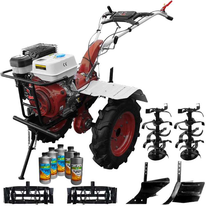 Pachet motocultor profesional Media Line, 15000/5 CF, 15 CP, latime de lucru 120 cm, freze lucru, rarita, plug arat, roti cauciuc, roti metal, 5l ulei AgroPro