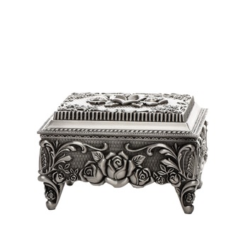 Cutie pentru bijuterii din antimoniu, cu motive florale gravate, 12 cm Cutie pentru bijuterii din antimoniu, cu motive florale gravate, 12 cm